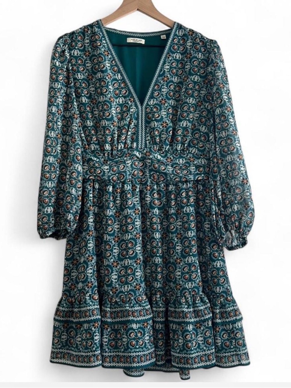 Max Studio Green Floral Boho Mini Dress Bell Sleeve Smocked Waist Size L Casual